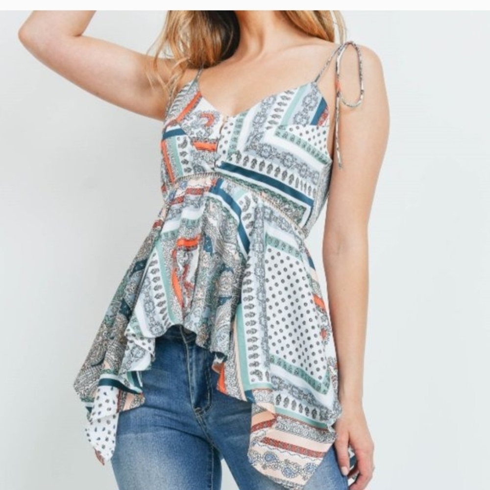 NWT Bohemian Scarf Print Tank Zip Back Front Buttons 100% Polyester
